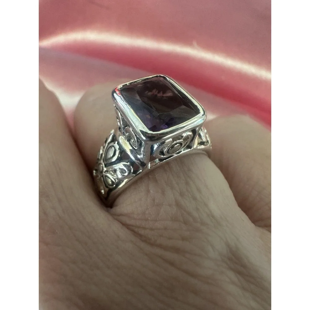 VTG 925 Sterling Silver Amethyst Ring Womens‎ Cushion Bezel Filigree Bali Style